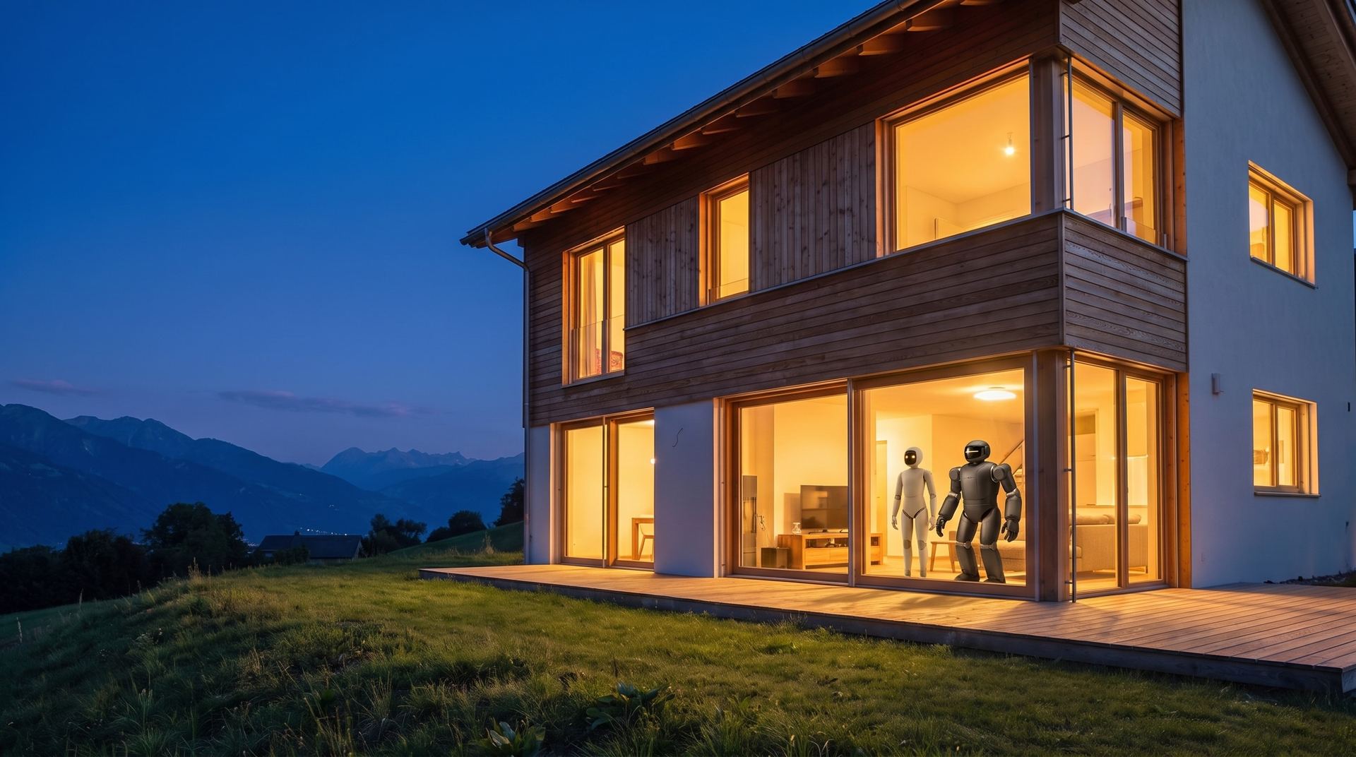 A Swiss family house at dusk with every window lit. Two humanoid robots stand in the living-room window.