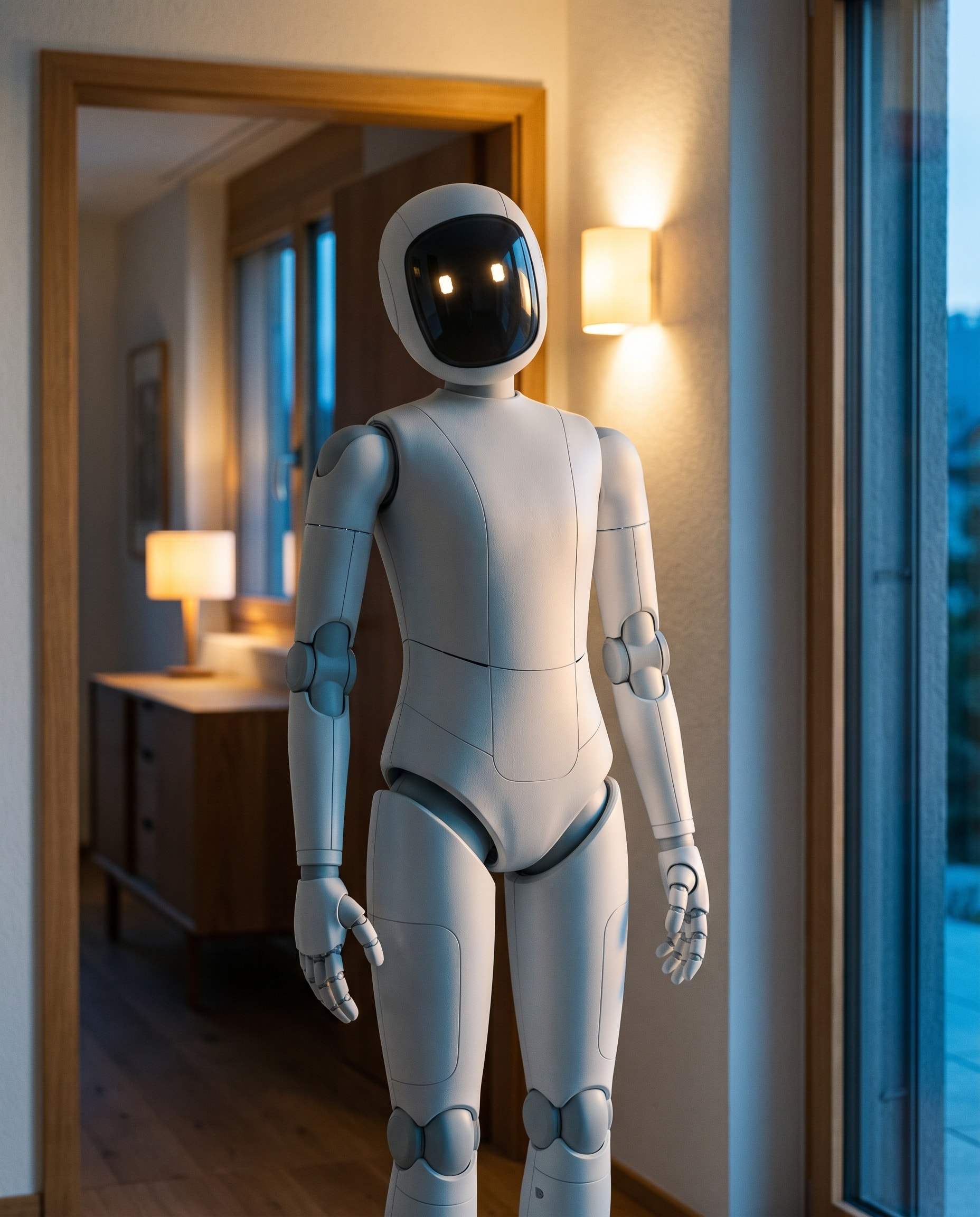 Nova, a slender white humanoid robot with two small light dots as eyes, standing in a hallway.