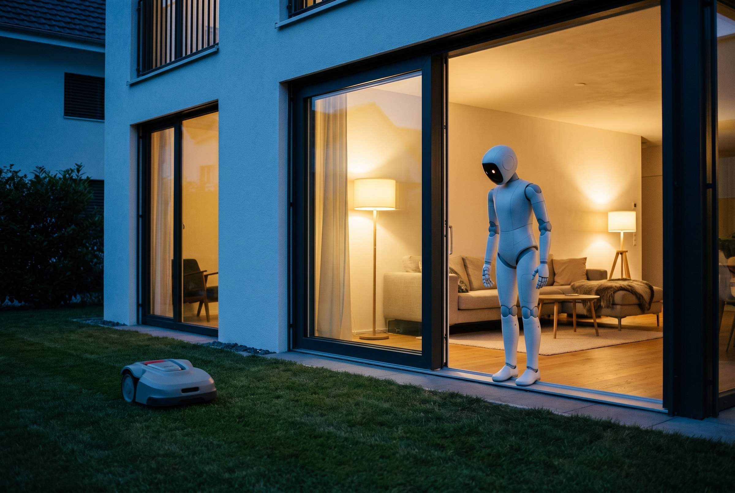 A robot lawn mower on the lawn at dusk while Nova watches from the open terrace door.